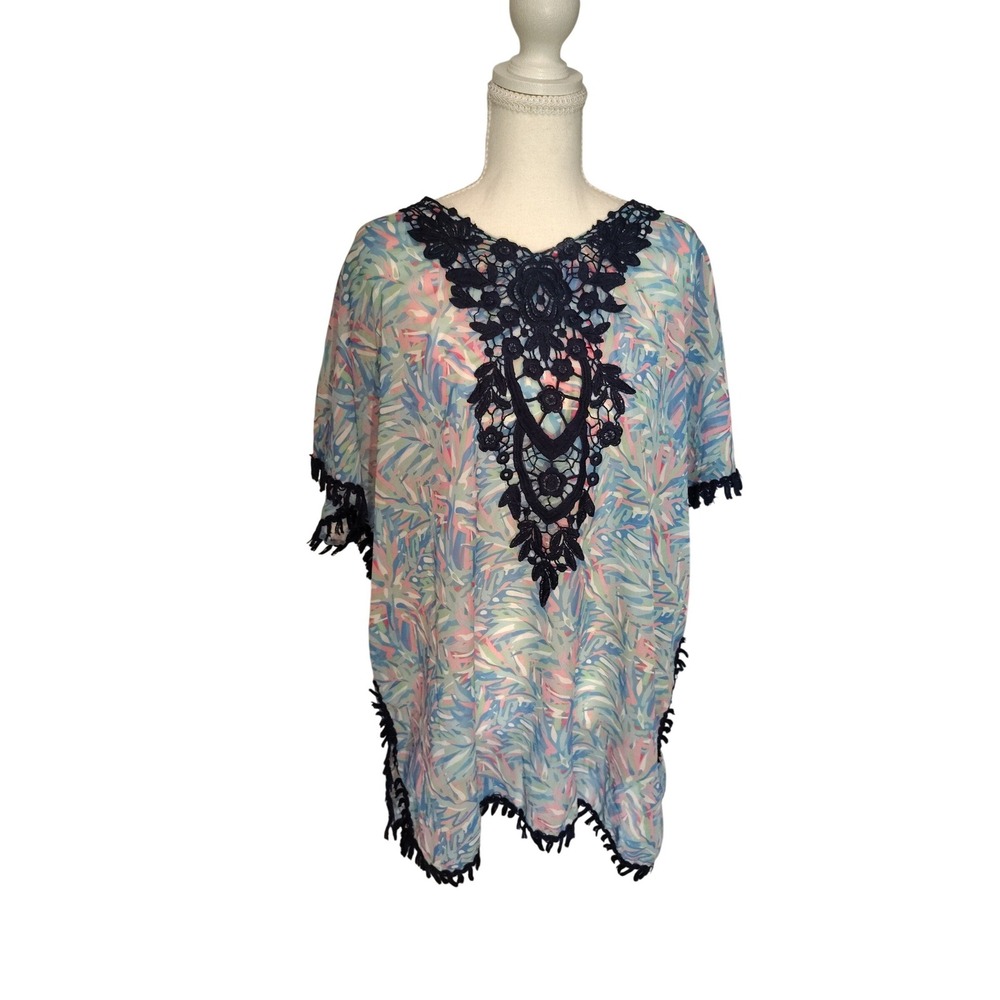 Simply Southern Women Blue Pink Tropical Palm Lace Tassel Swim Cover Up S/M